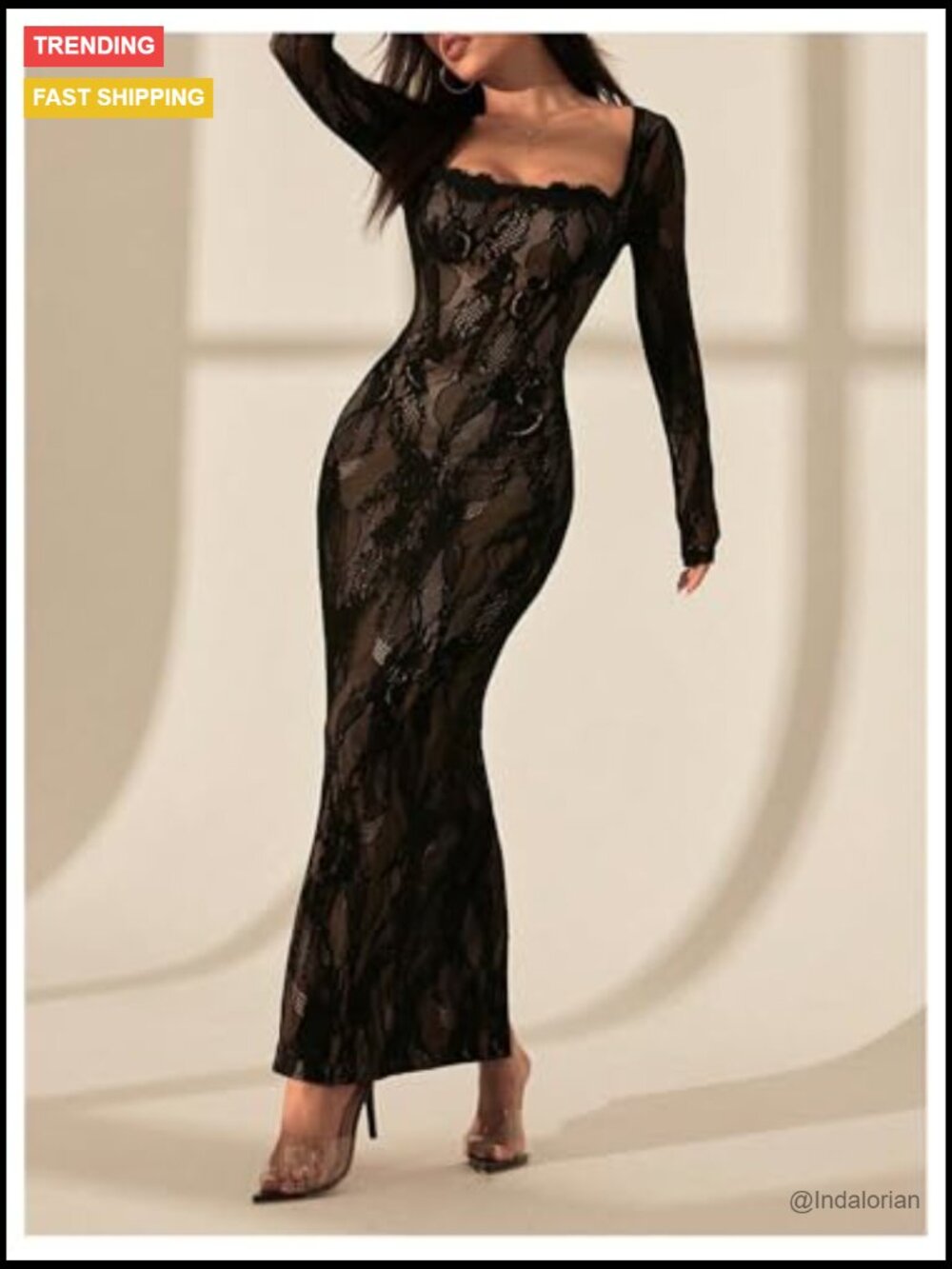 Floral Lace Slit Back Fishtail Long Dress Square Neck Bodycon Cocktail - Picture 5 of 7